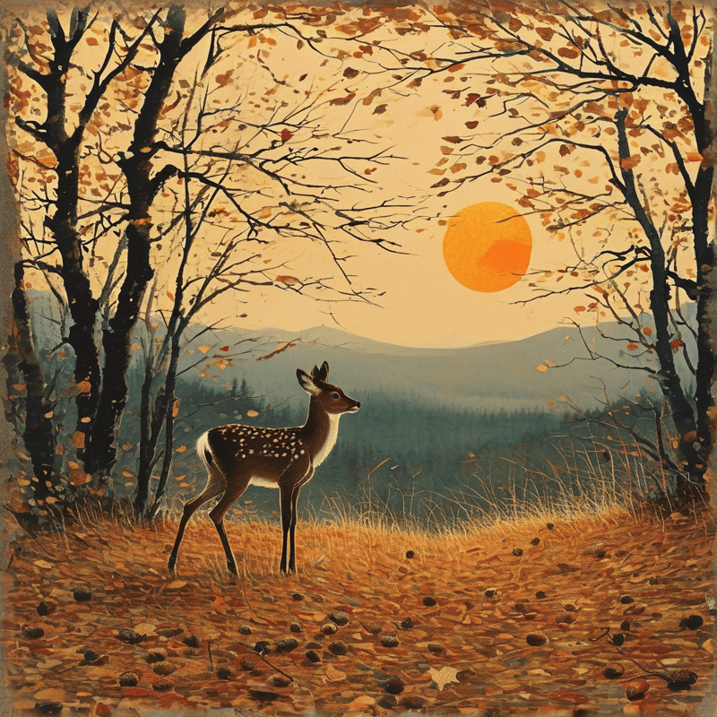 A painted fawn with white spots stands on a hillside of fallen leaves under a large orange sun.