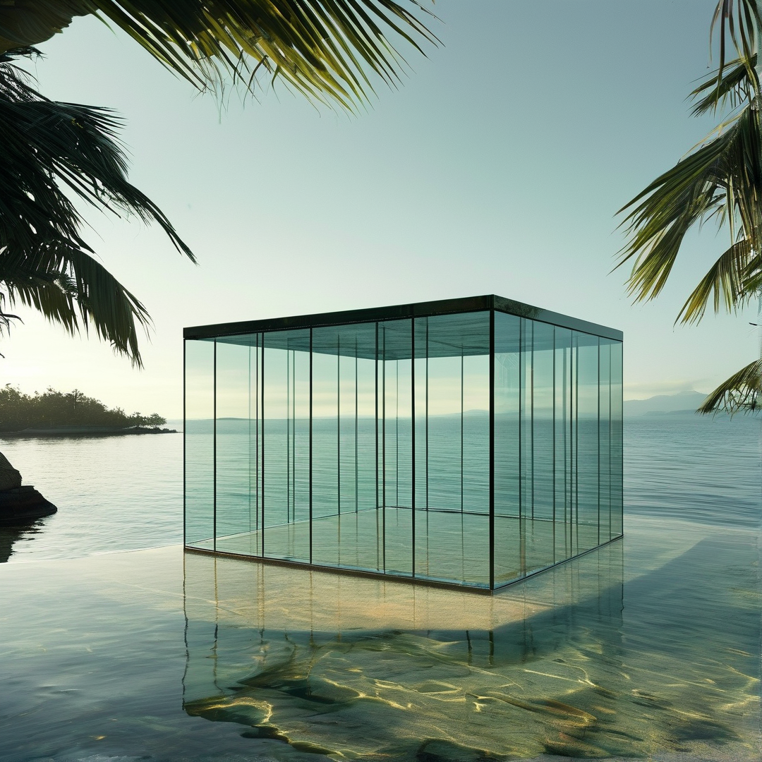 A transparent enclosure sits partially submerged in clear sea water, framed by tropical foliage under soft morning light.