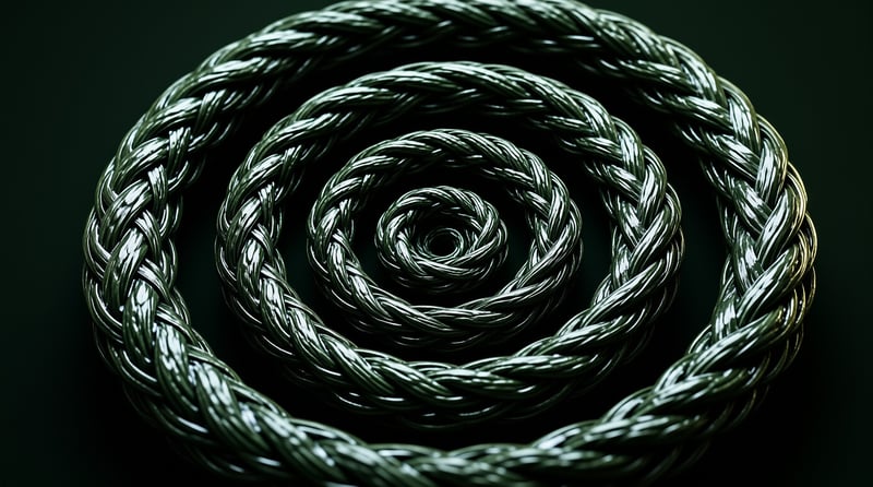 A thick twisted green rope spirals inward on a black background with bright specular highlights.