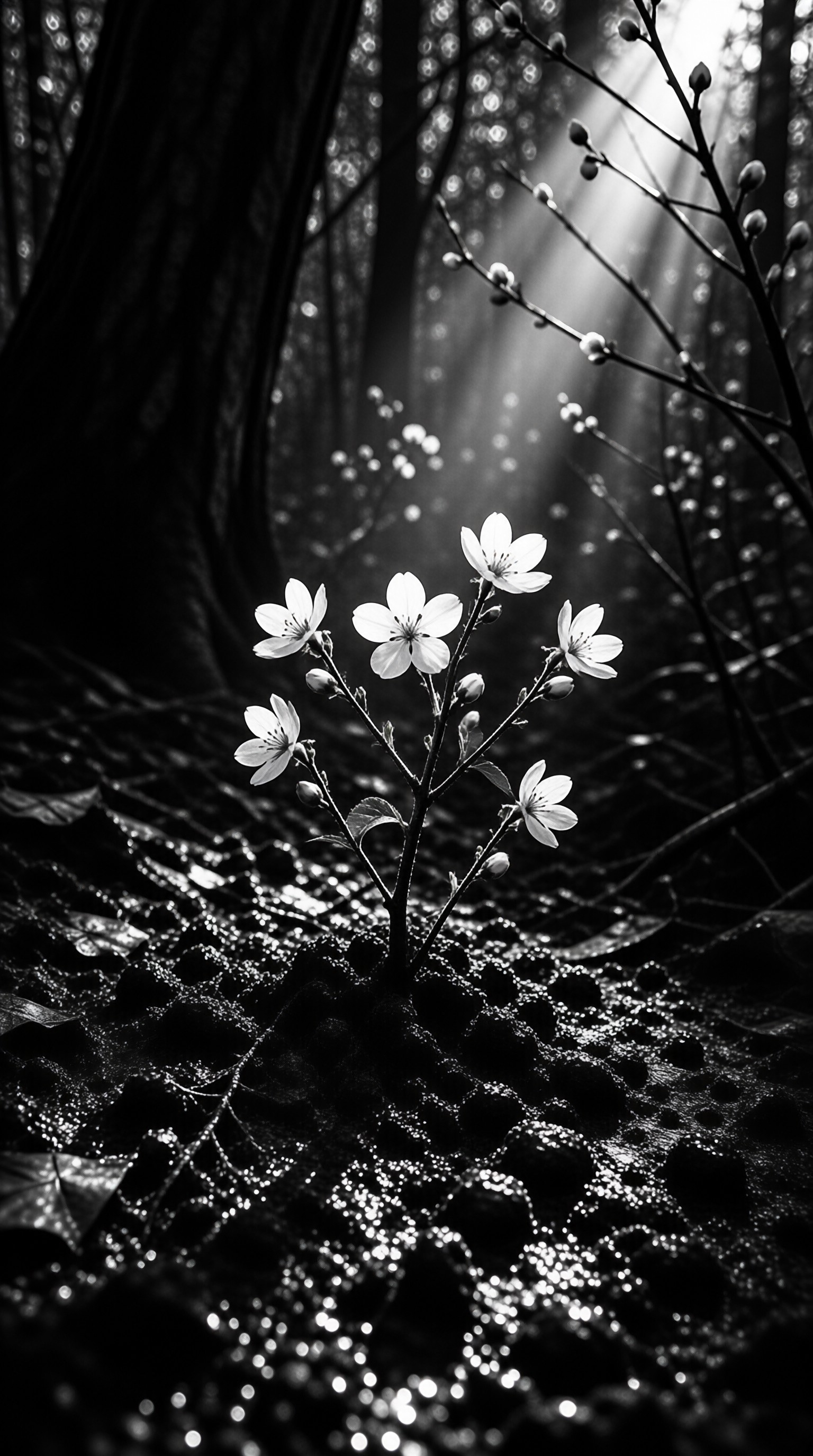 Delicate white blooms rise from dark earth amidst tangled roots and dappled sunlight filtering through the trees.