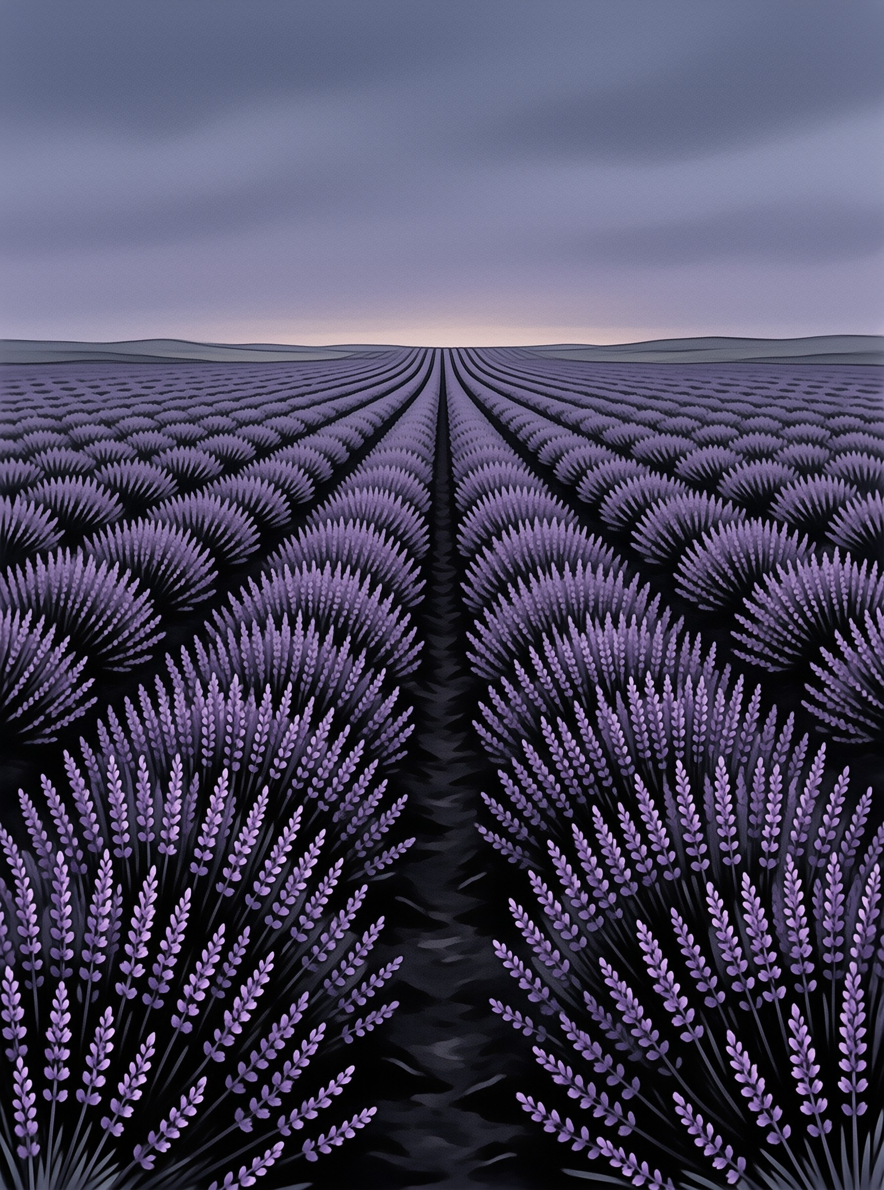 Purple lavender rows stretch symmetrically across a field toward a hazy horizon beneath a cloudy evening sky.