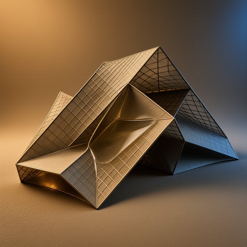 A folded metallic object with a grid texture sits on a matte background with warm lighting.