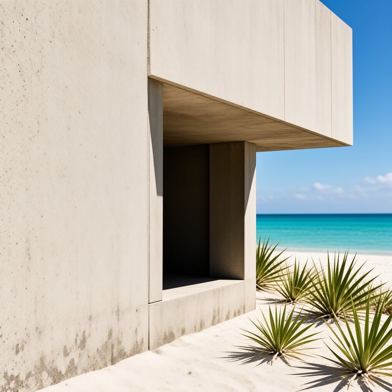 White concrete architecture projects over white sand beach with spiky green plants and blue ocean horizon under clear sky.