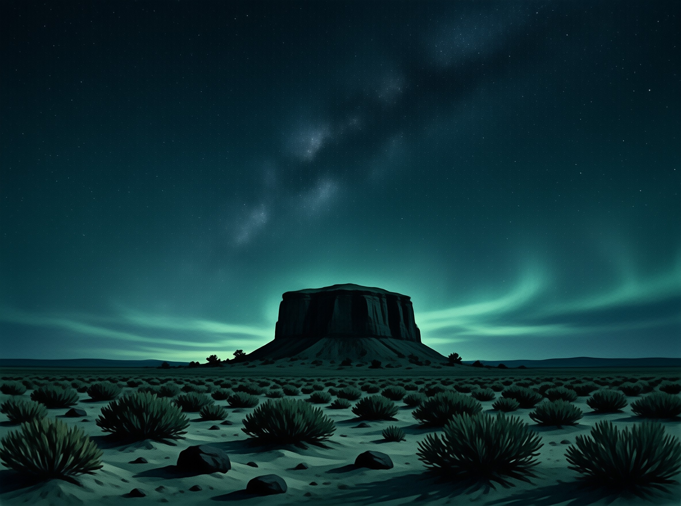 A solitary rock formation rises from desert shrubs while green aurora waves ripple across the starry night sky above.
