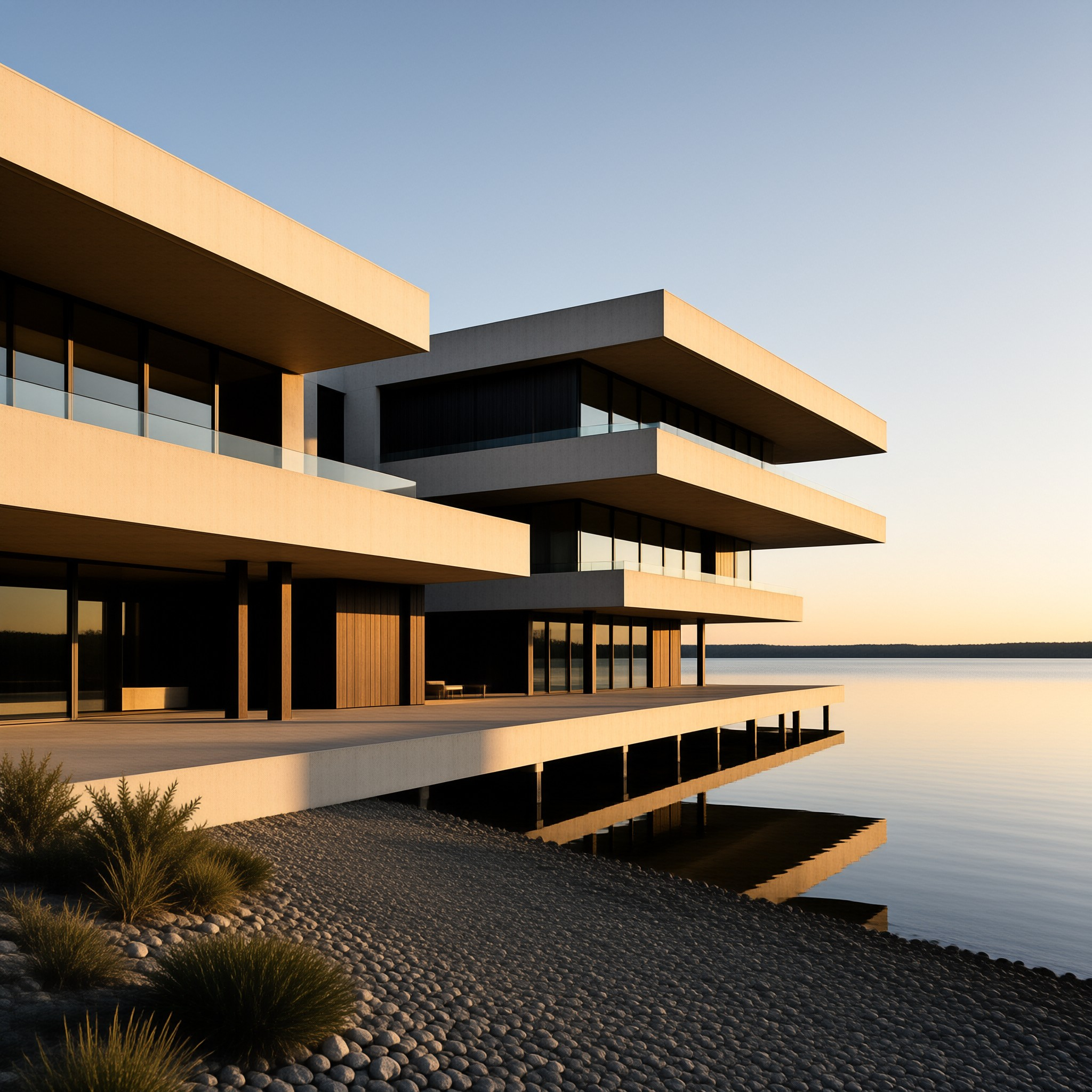 Angular concrete terraces of a minimalist home hover above a glassy lake at soft evening light.