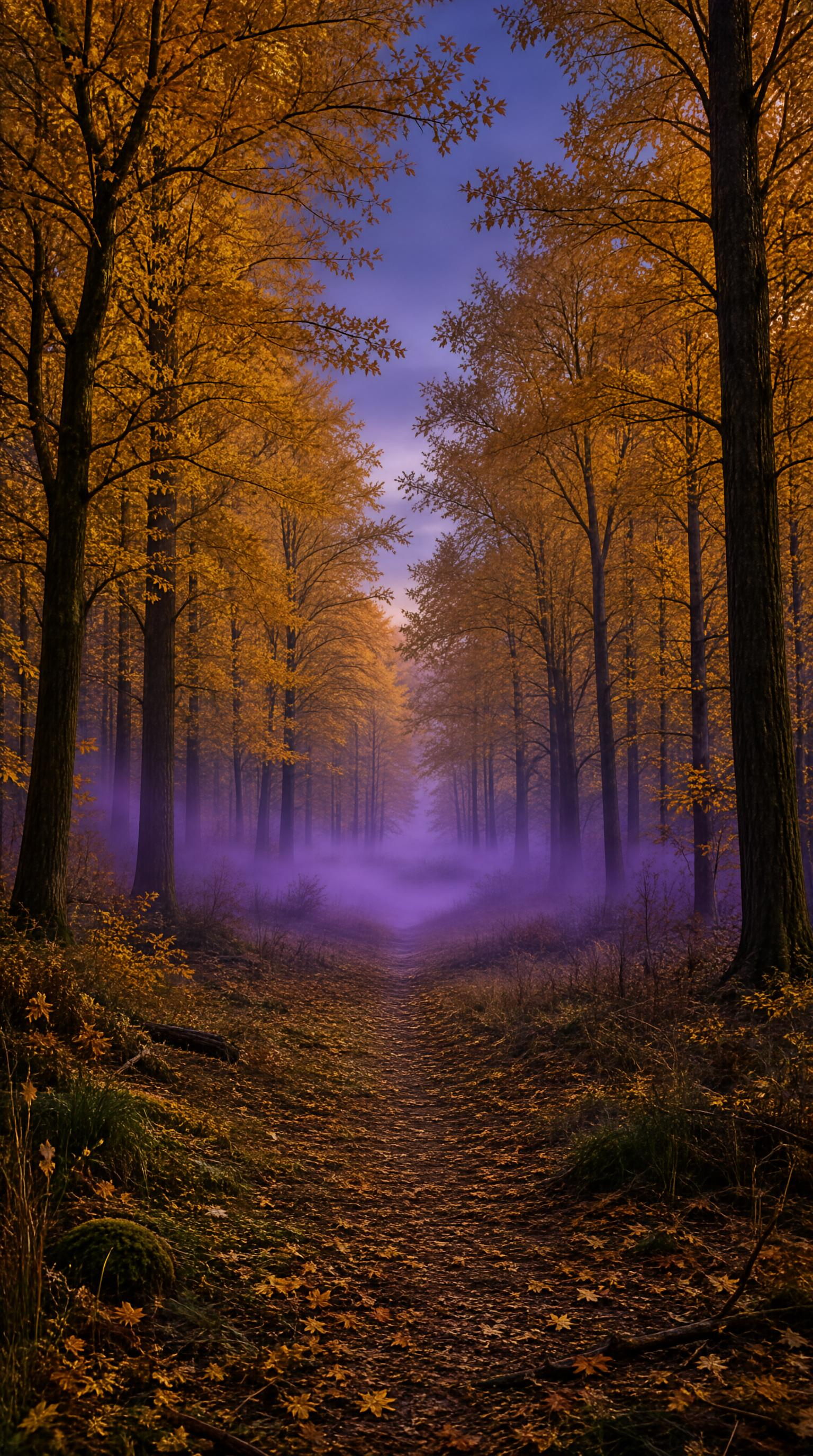 Autumn Forest Path with Purple Mist
