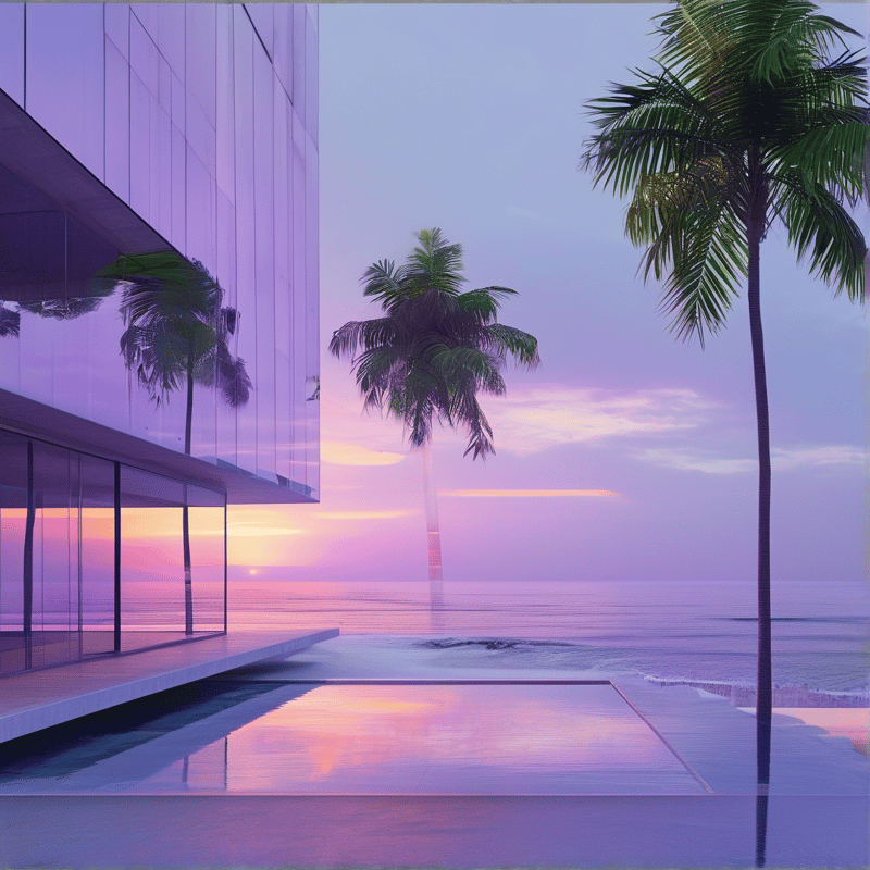 A sleek modern waterfront home with a glass wall and reflecting pool beneath purple twilight palms.