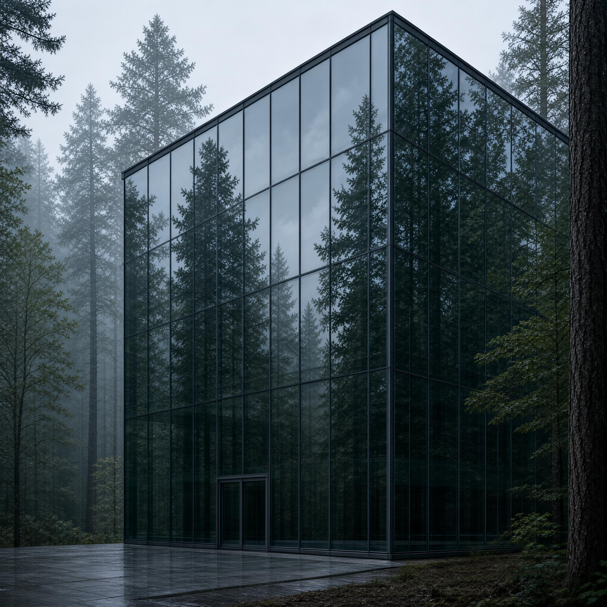 Glass House in Foggy Forest