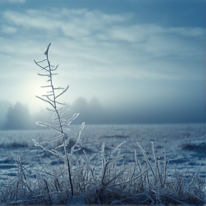 Fine blades of frozen grass catch pale backlight as the low sun glows through mist over a blue winter field.