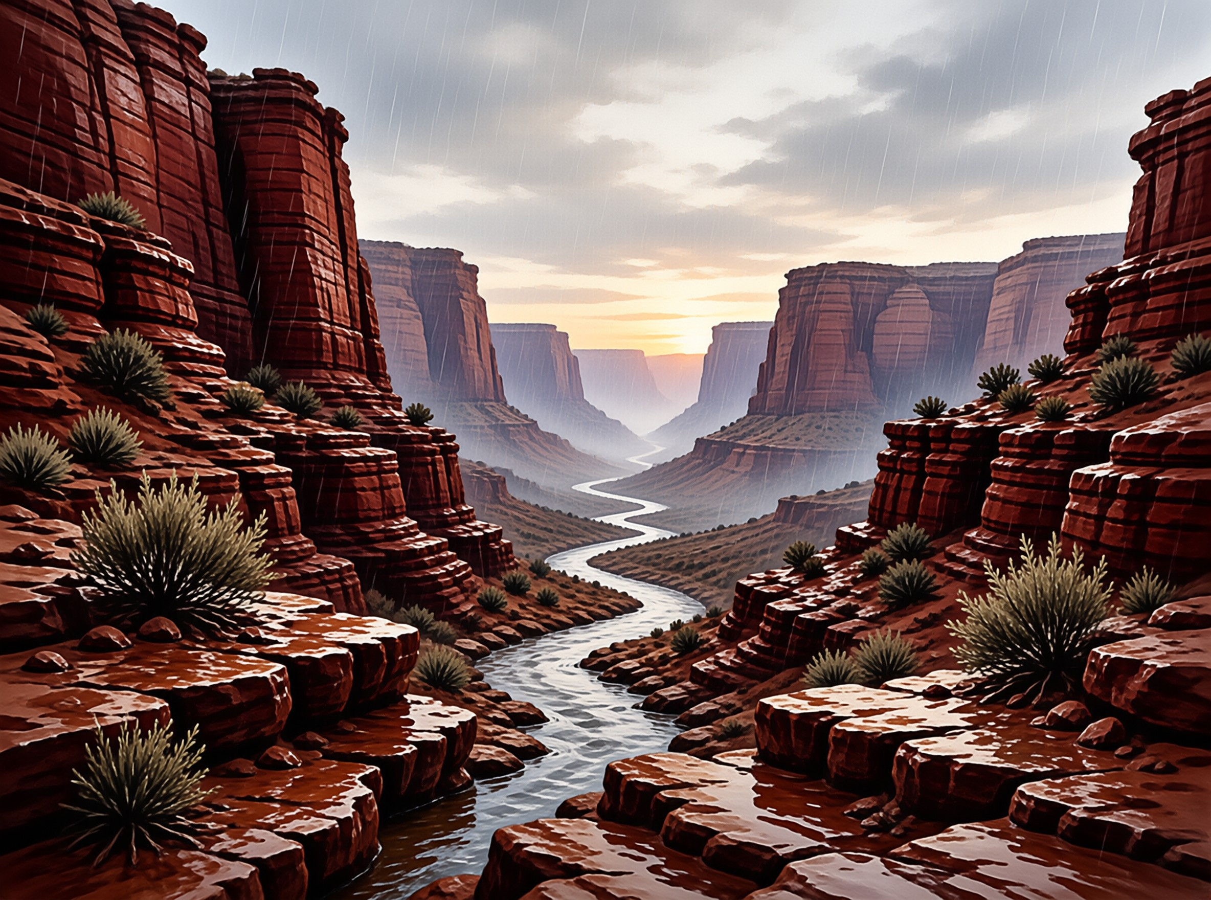 A winding river flows through a deep red rock canyon while rain falls under a cloudy sky.