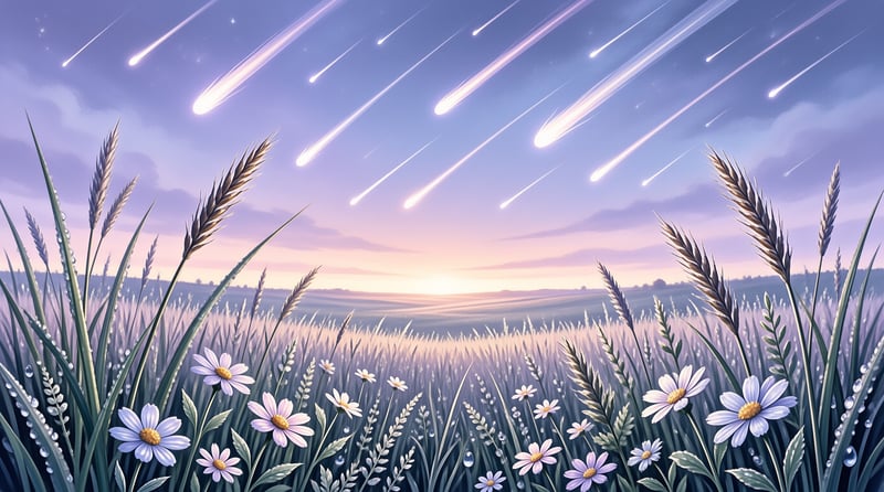 A field of wheat and small white flowers stands below numerous bright meteor streaks falling across a purple twilight sky.