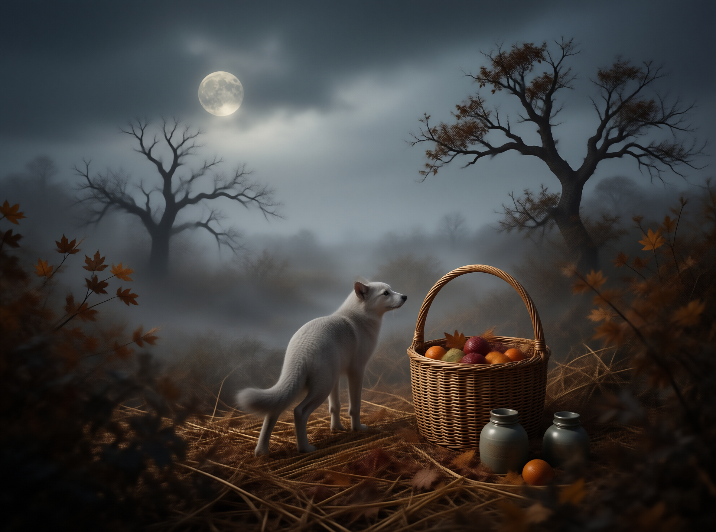 Autumn Night with Dog and Basket