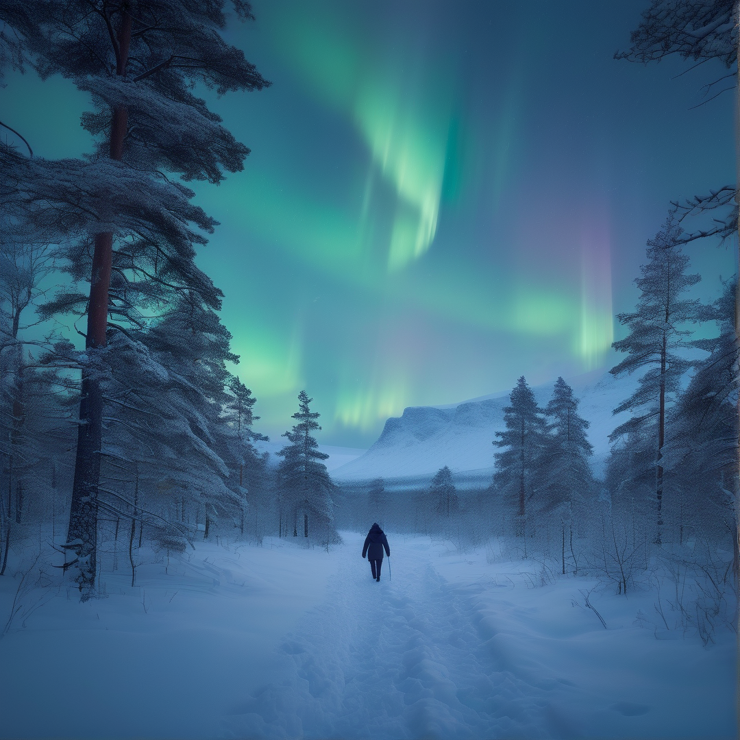 Lone Hiker Under the Aurora