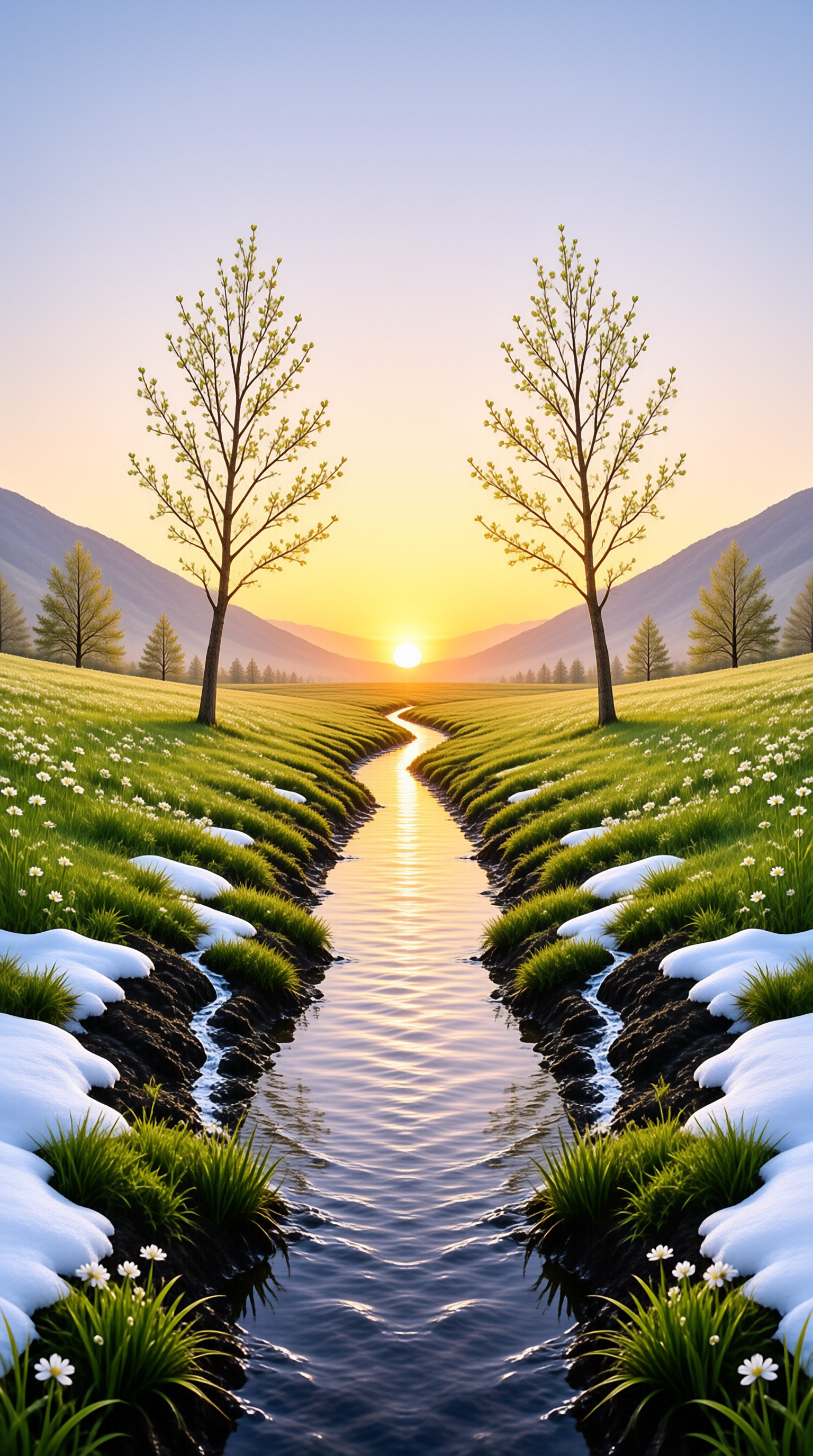 Sunrise Stream in Spring Fields