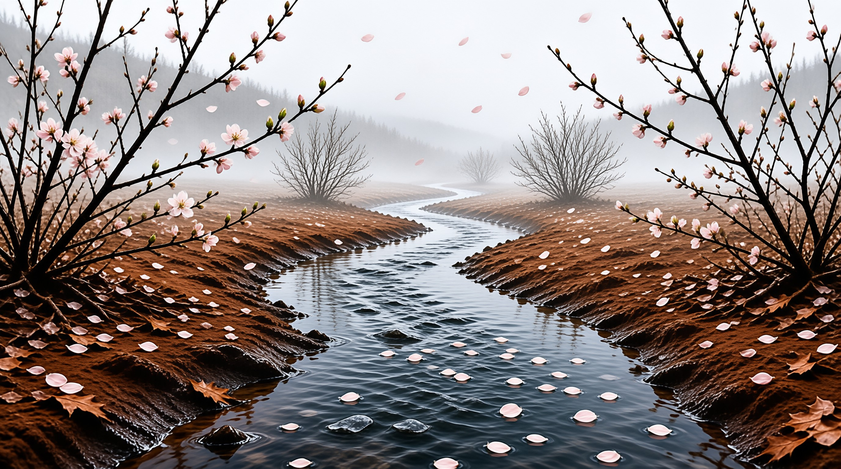 Misty River with Blossoms