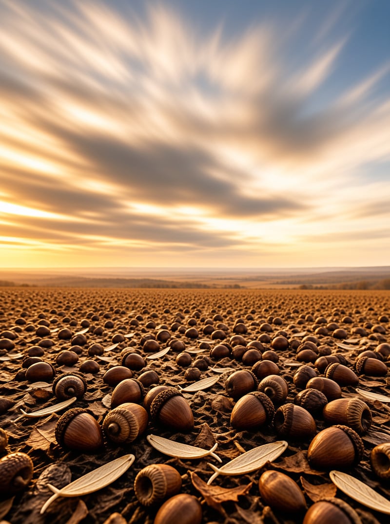 Thousands of brown acorns cover the ground beneath a wide sky with streaked clouds and warm golden sunset light.