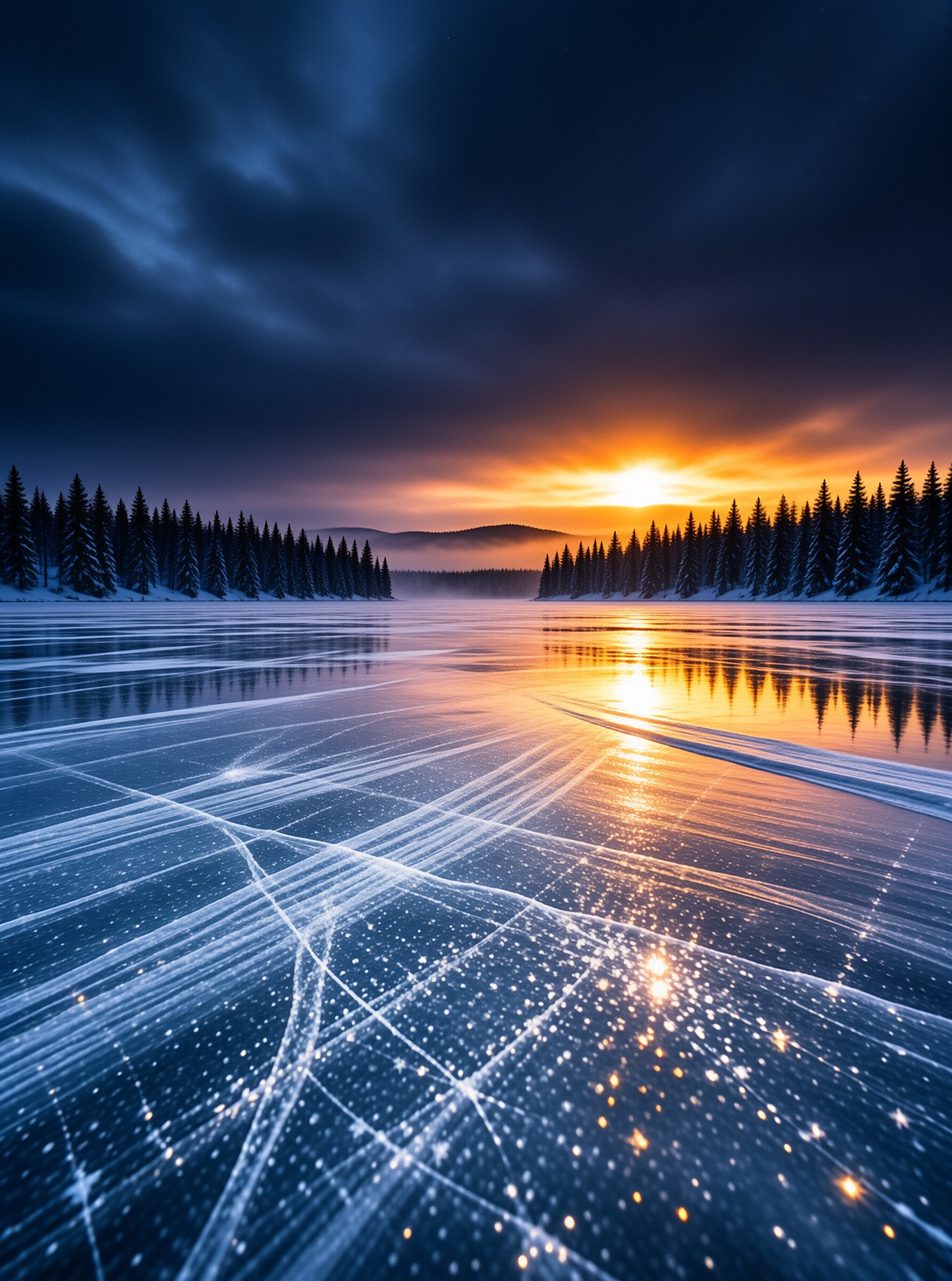 Sparkling Frozen Lake at Sunset