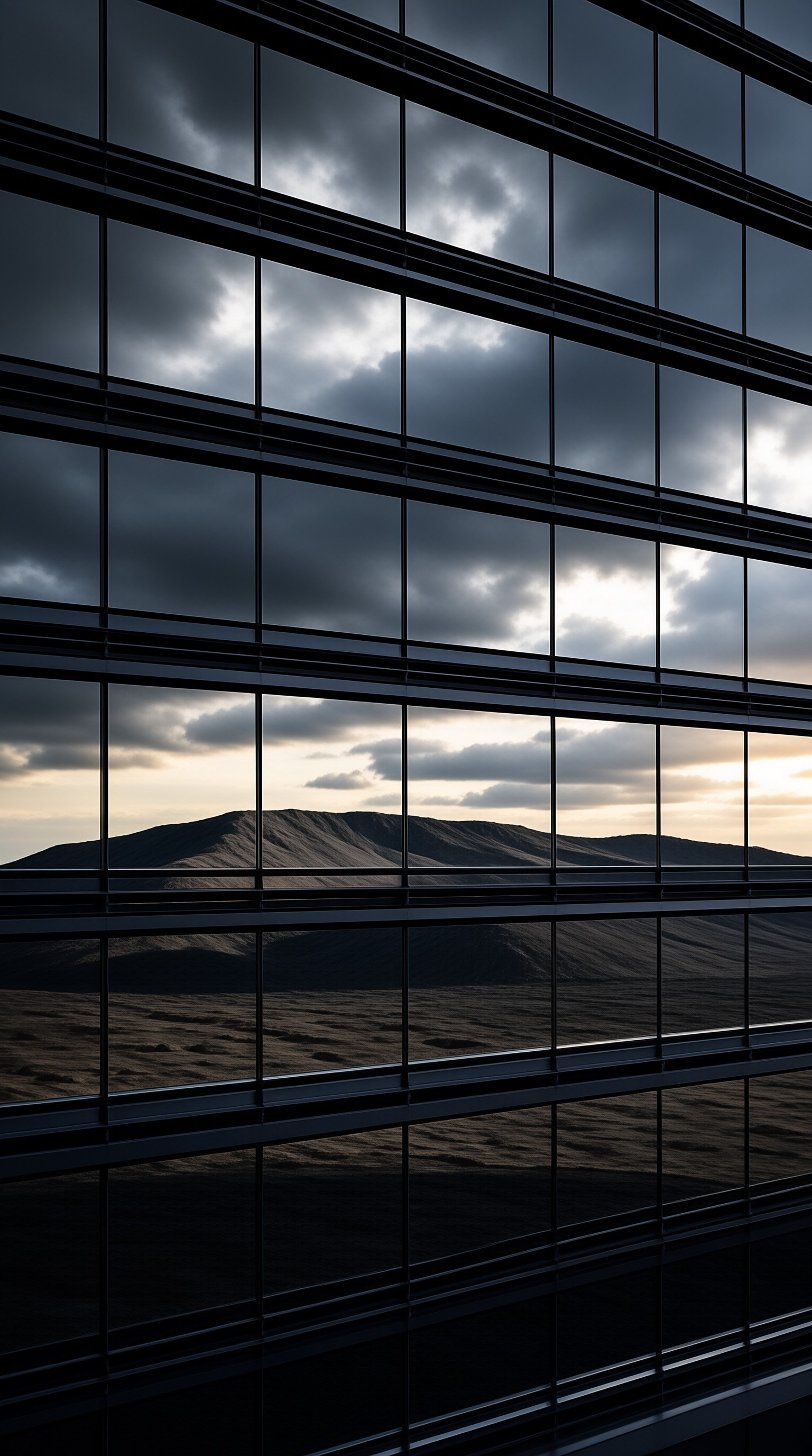 Grid of glass panels reflects rolling hills and dramatic clouds at dusk, with dark mullions framing the scenery.