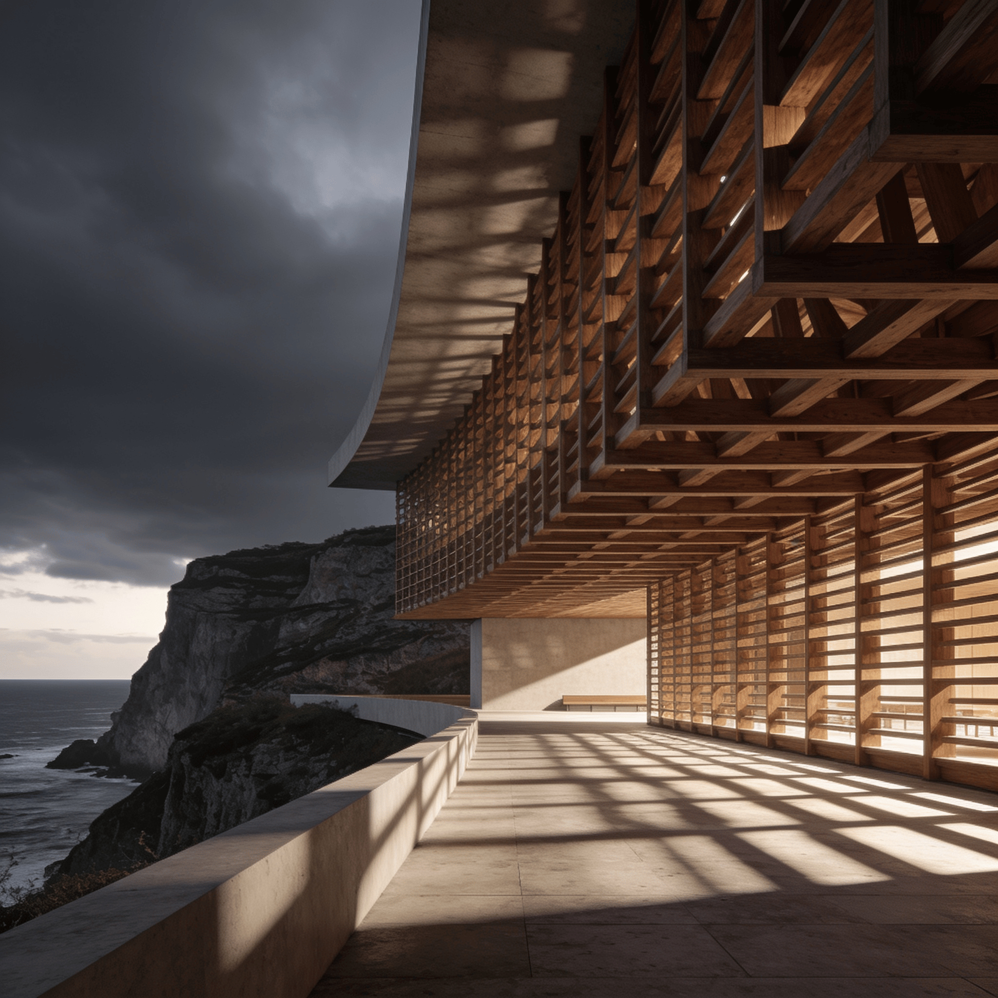 Cultural Center with Wooden Lattice — Coastal Cliff