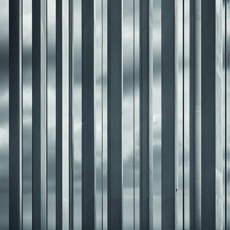 Tall grey pillars stand in a row against a wide overcast sky filled with dense clouds and diffuse light