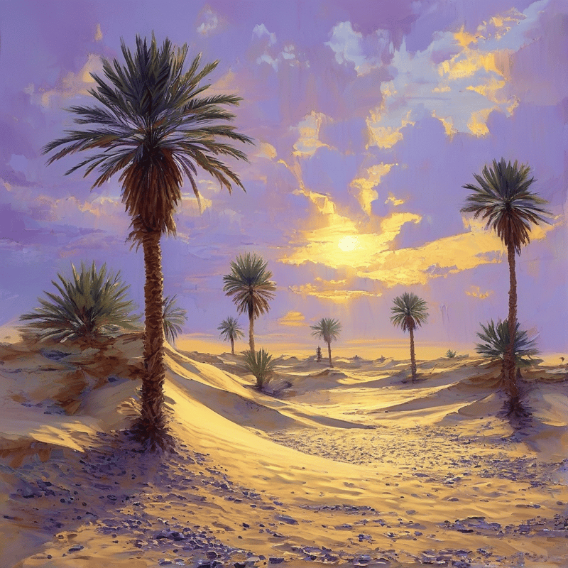 Tall and short palm trees rise from rolling sandy dunes beneath a vibrant purple sky filled with yellow clouds at sunset.