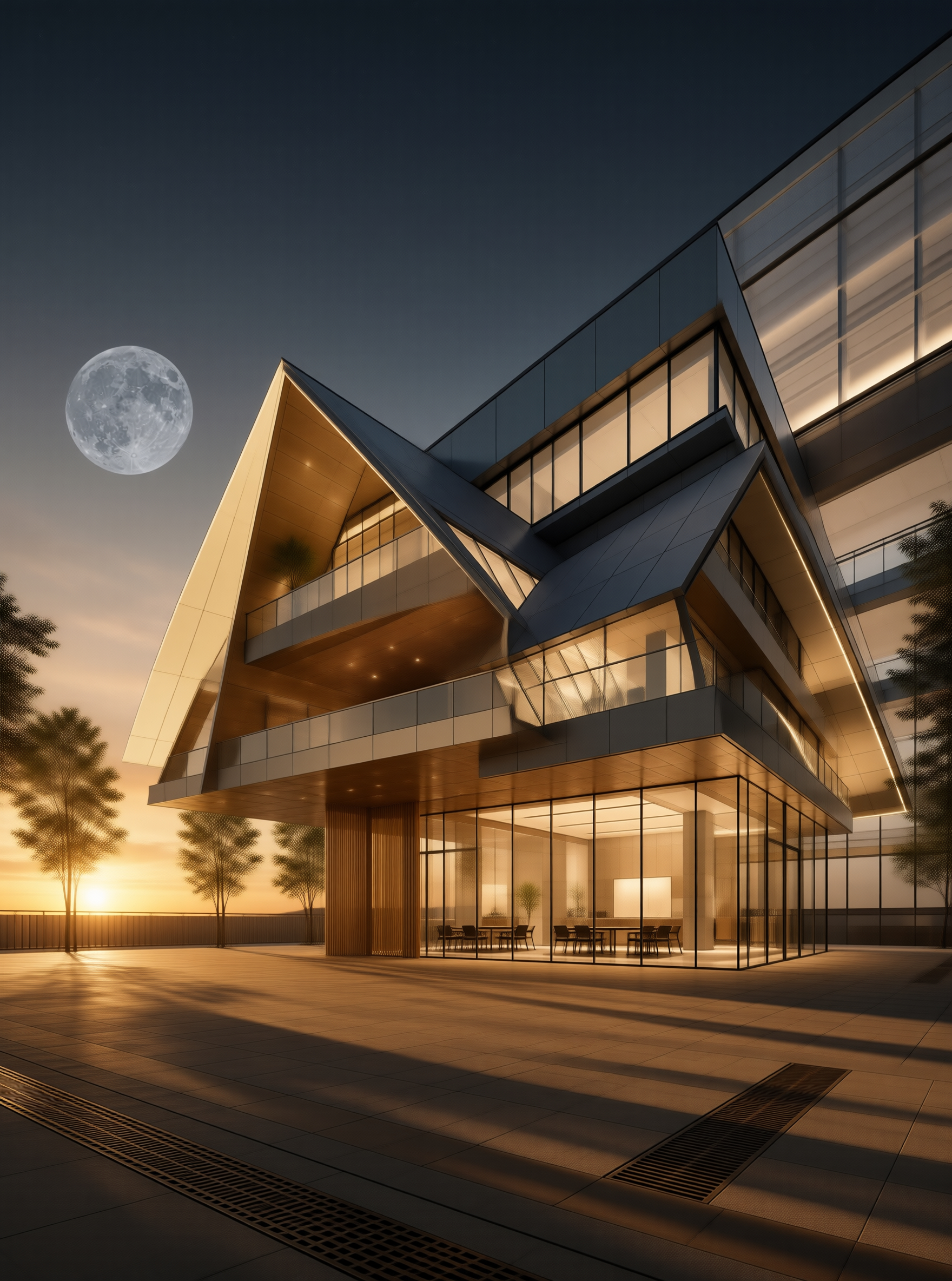 Modern Building at Dusk with Moon