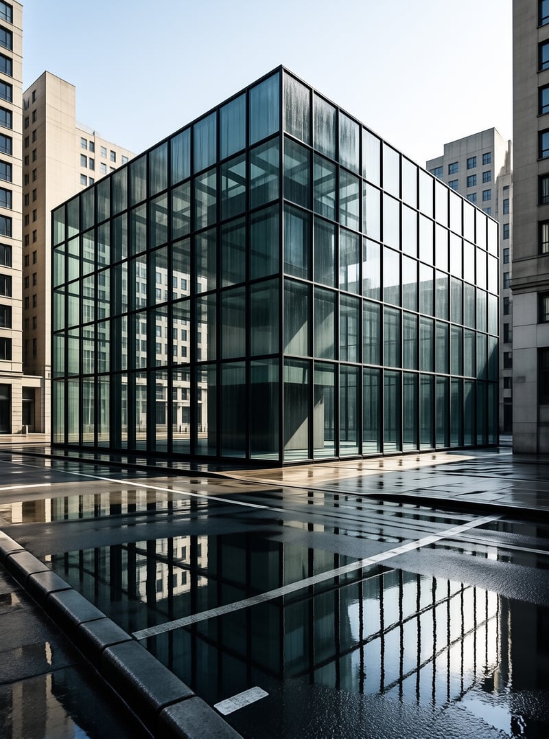 A glass cube building stands on wet pavement, its grid facade mirroring surrounding stone structures in clear, cool reflections.