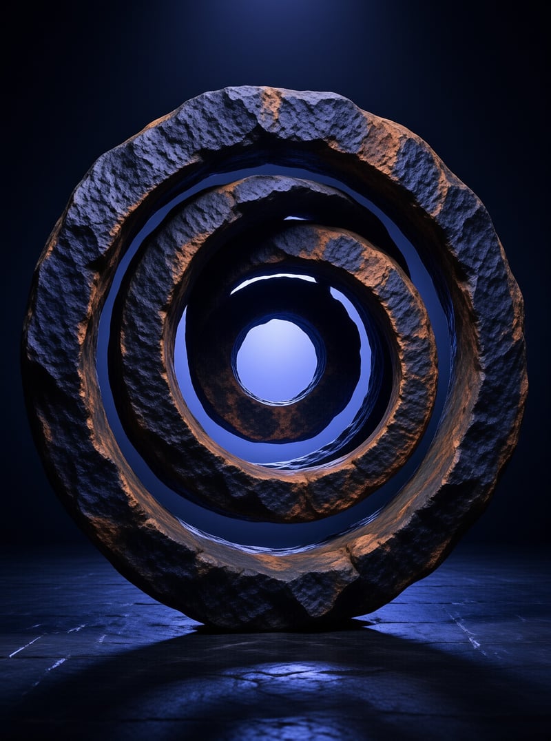 A massive rough stone ring sculpture displays concentric circles illuminated by deep blue and warm orange lighting.