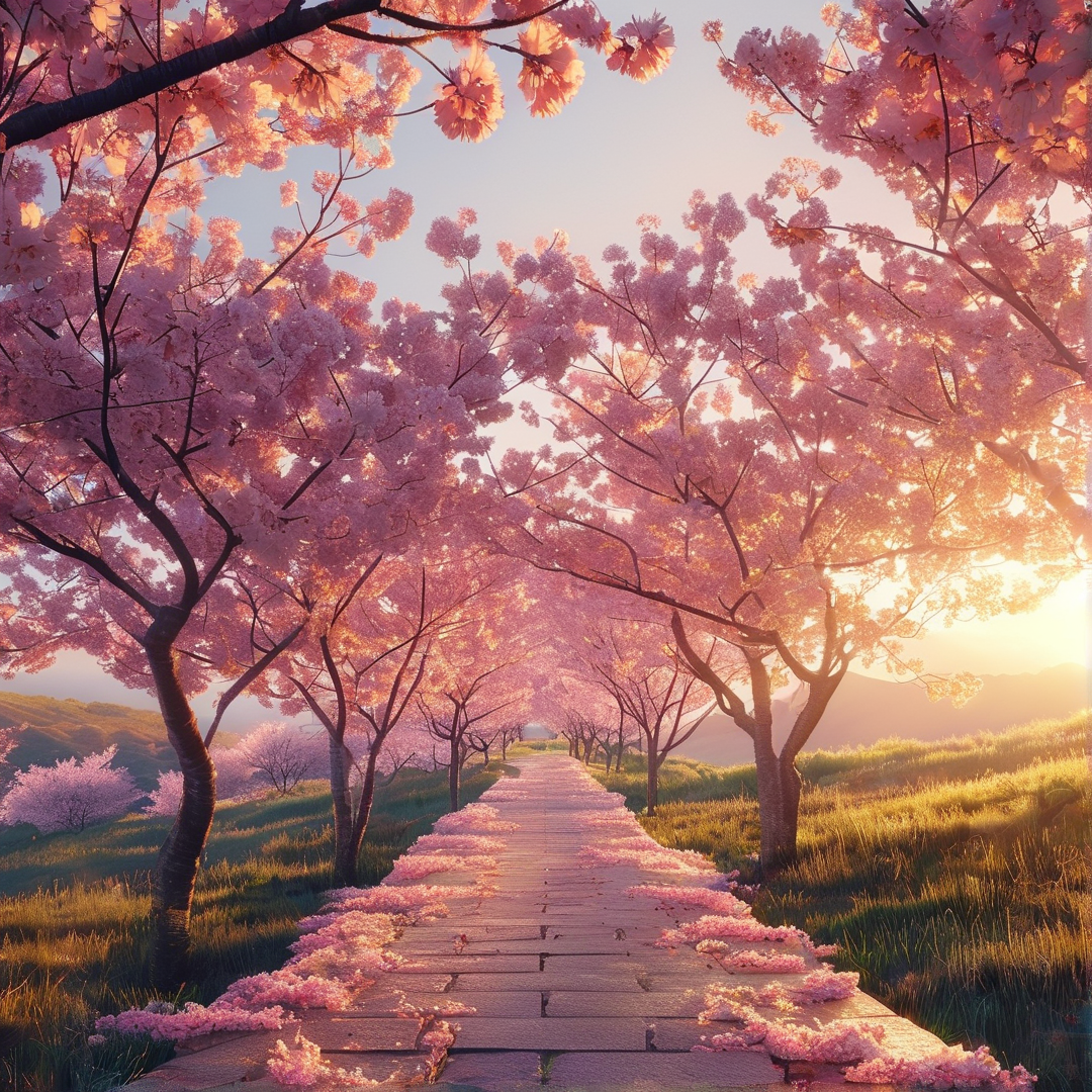 Cherry Blossom Sunlit Path