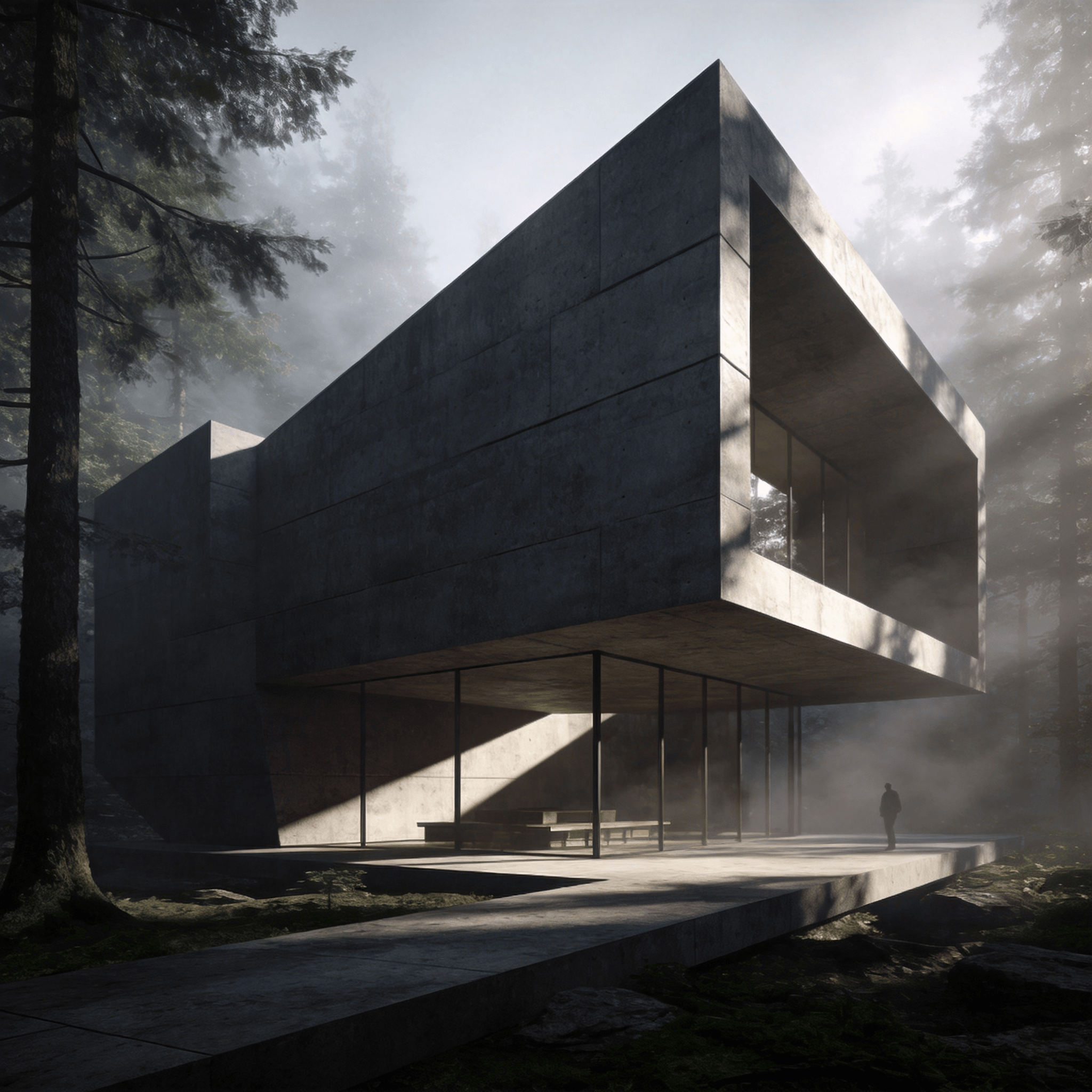 Pavilion with Brutalist Massing — Misty Forest