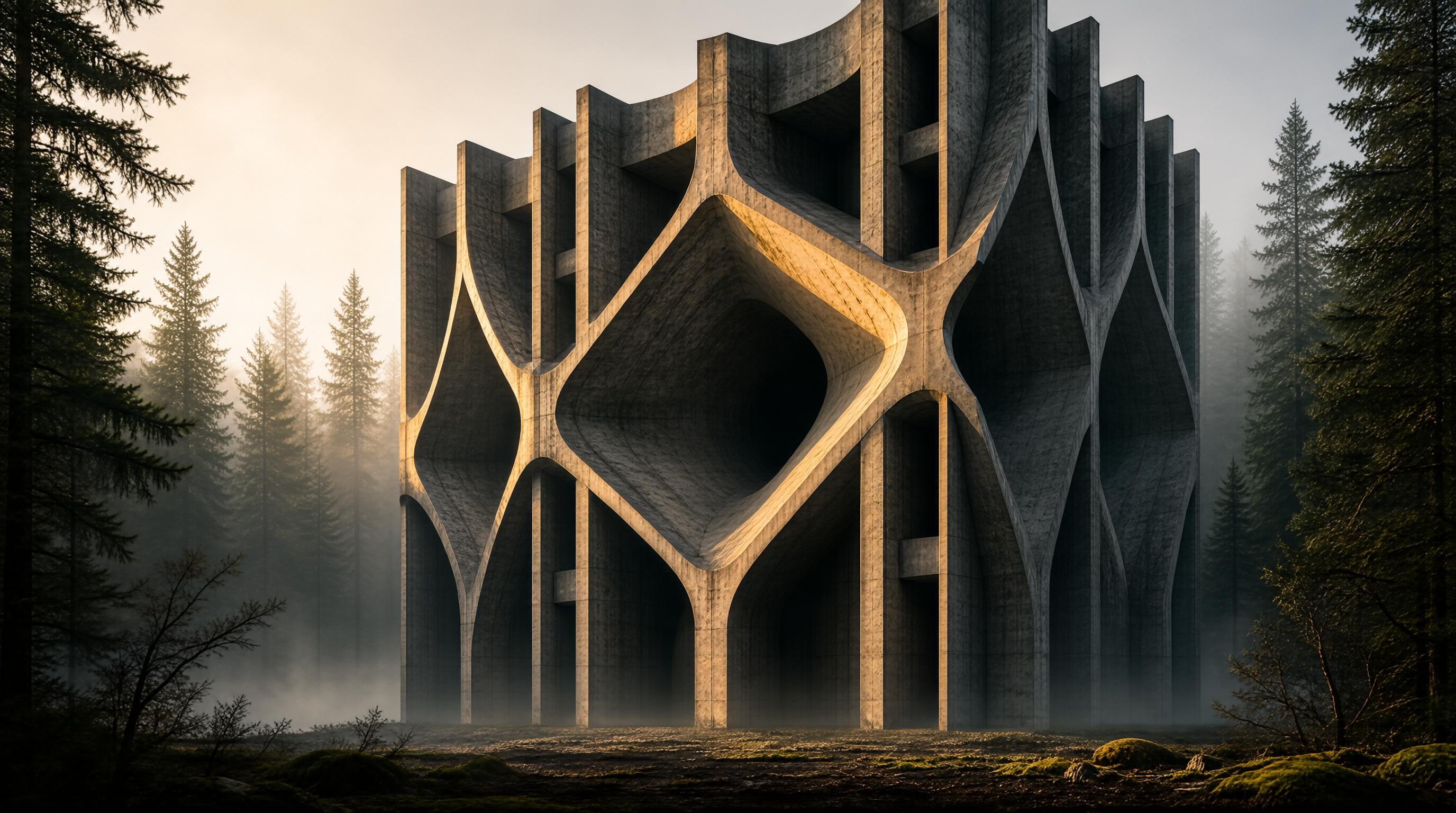 Brutalist Concrete Monolith in Misty Forest