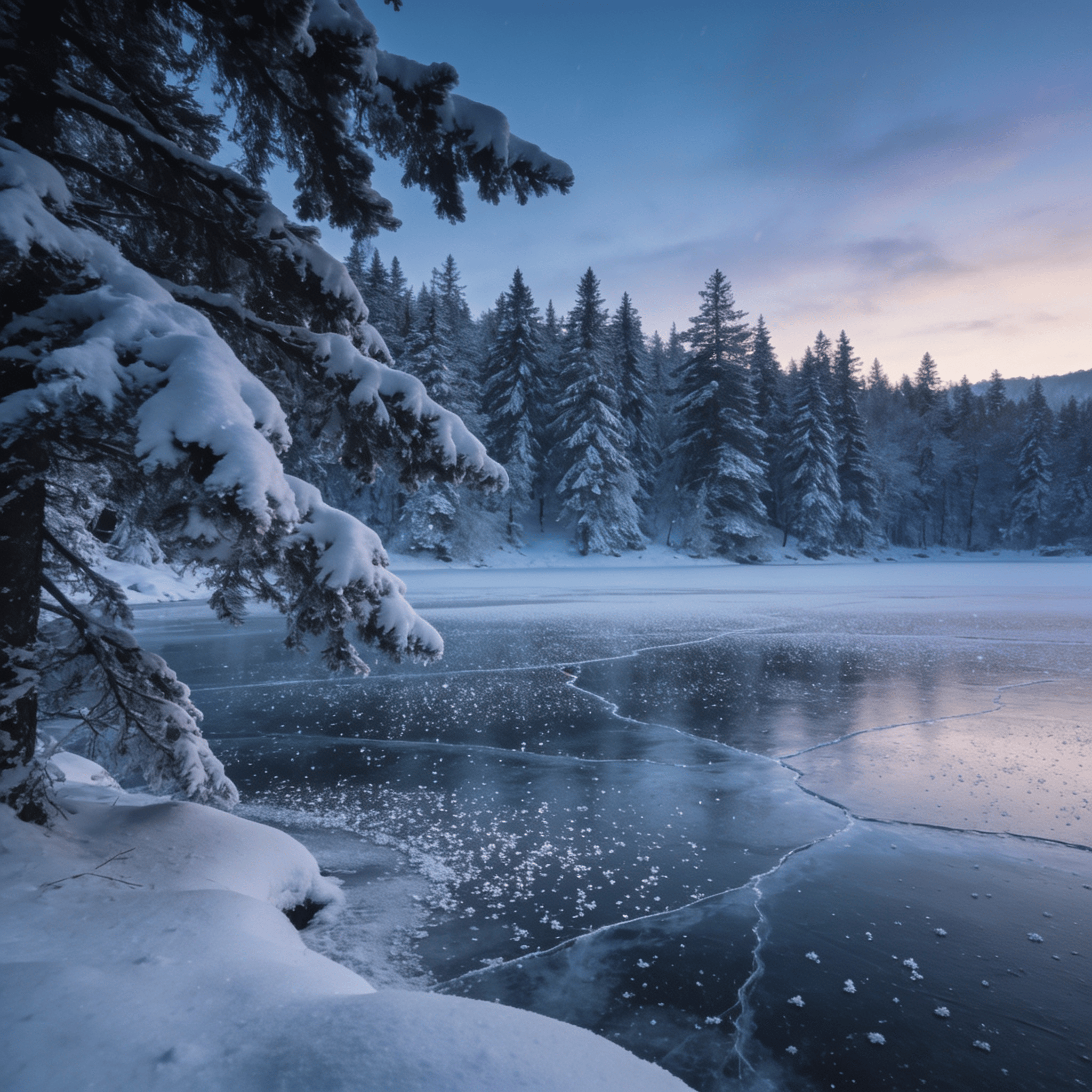 Snow-Covered Pines by a Frozen Lake