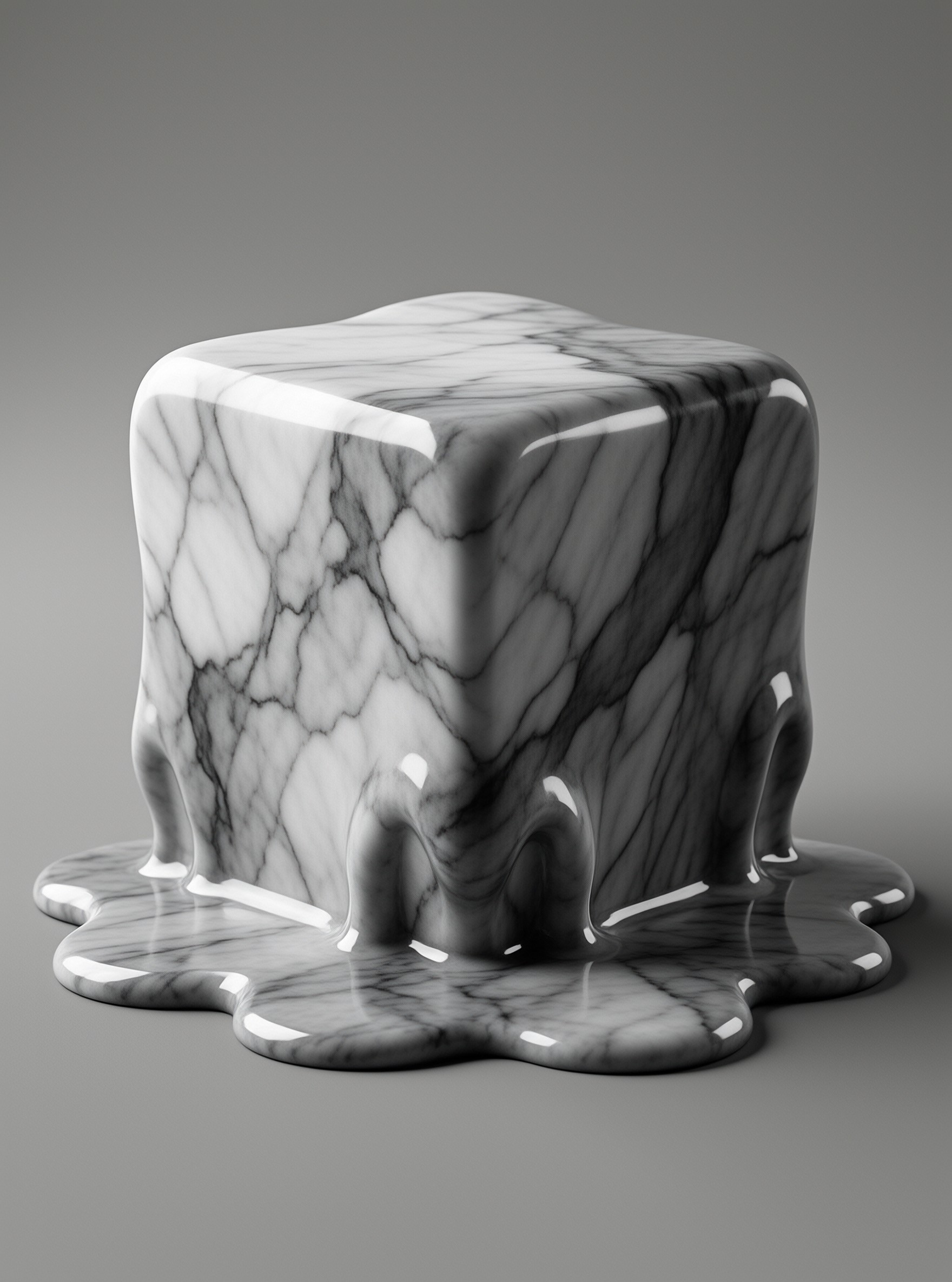 A glossy white and grey marble cube sits on a smooth grey surface with liquid material dripping from its base. The object reflects light sharply along its curved edges while the melted pool spreads outward on the ground.