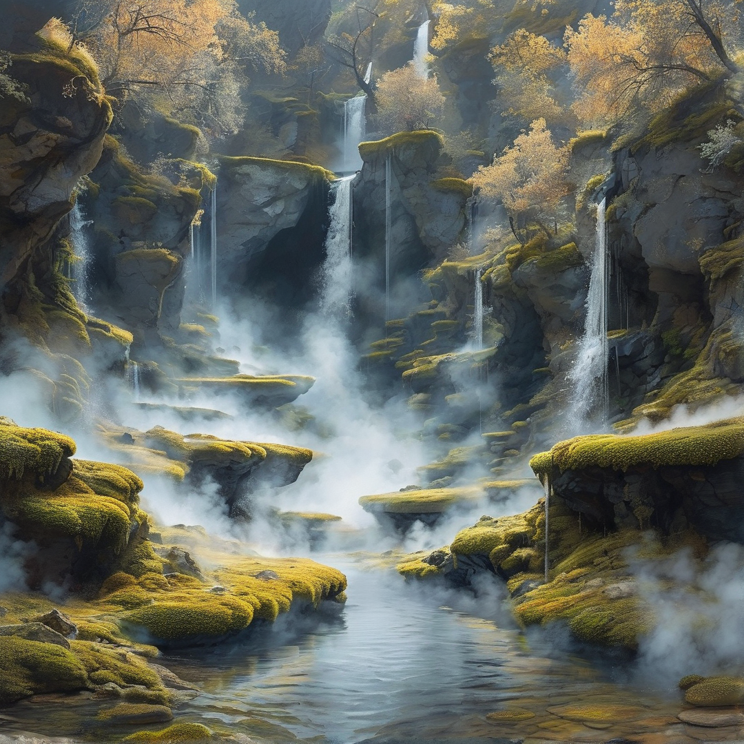 Multiple waterfalls pour down mossy cliffs into a misty pool with autumn trees above.