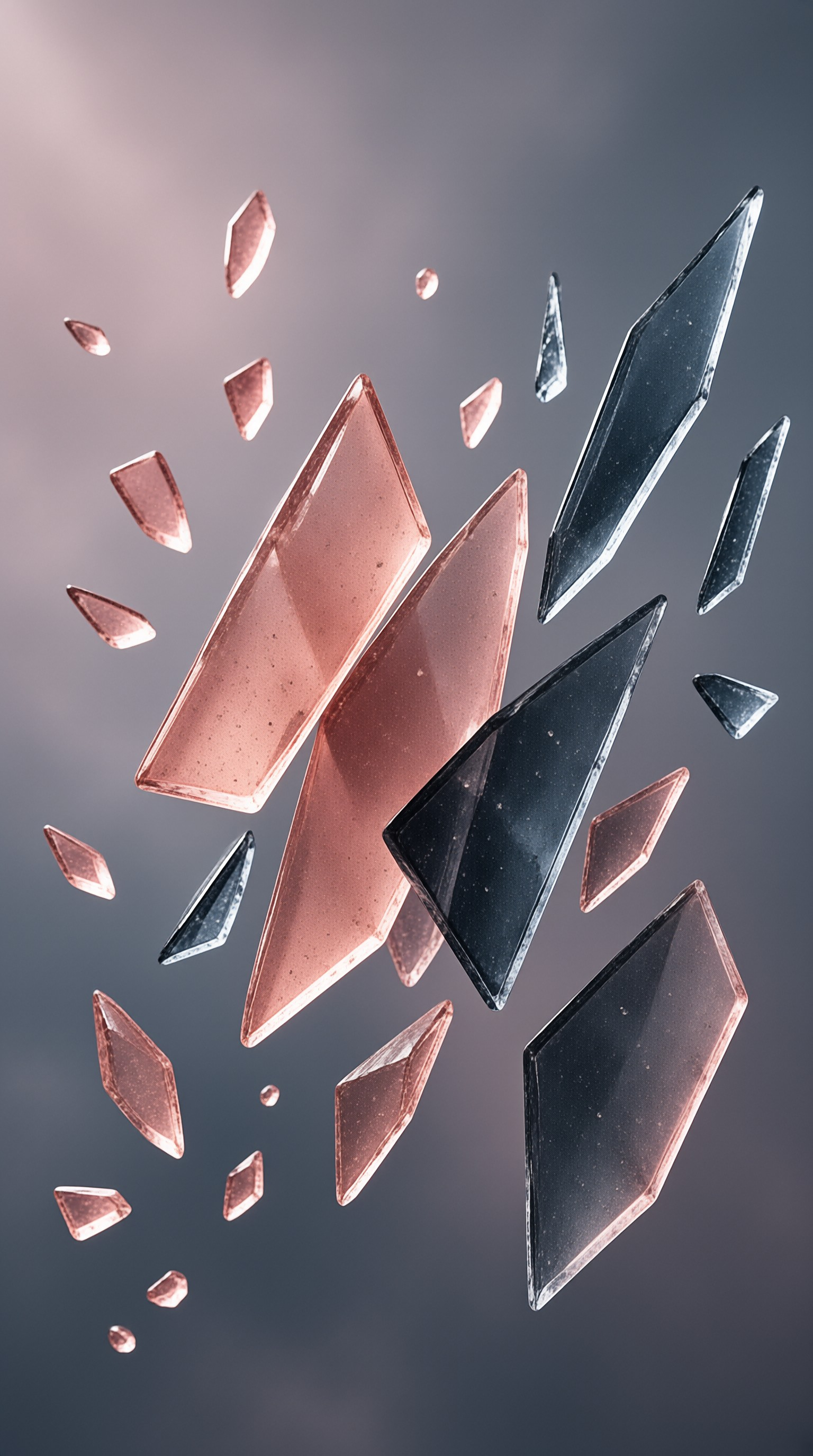Scattered geometric fragments of copper and black glass float within a smooth grey gradient environment.