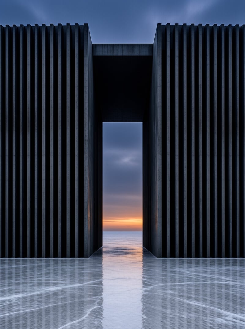 Dark ribbed architecture frames a view of the calm sea and warm horizon.
