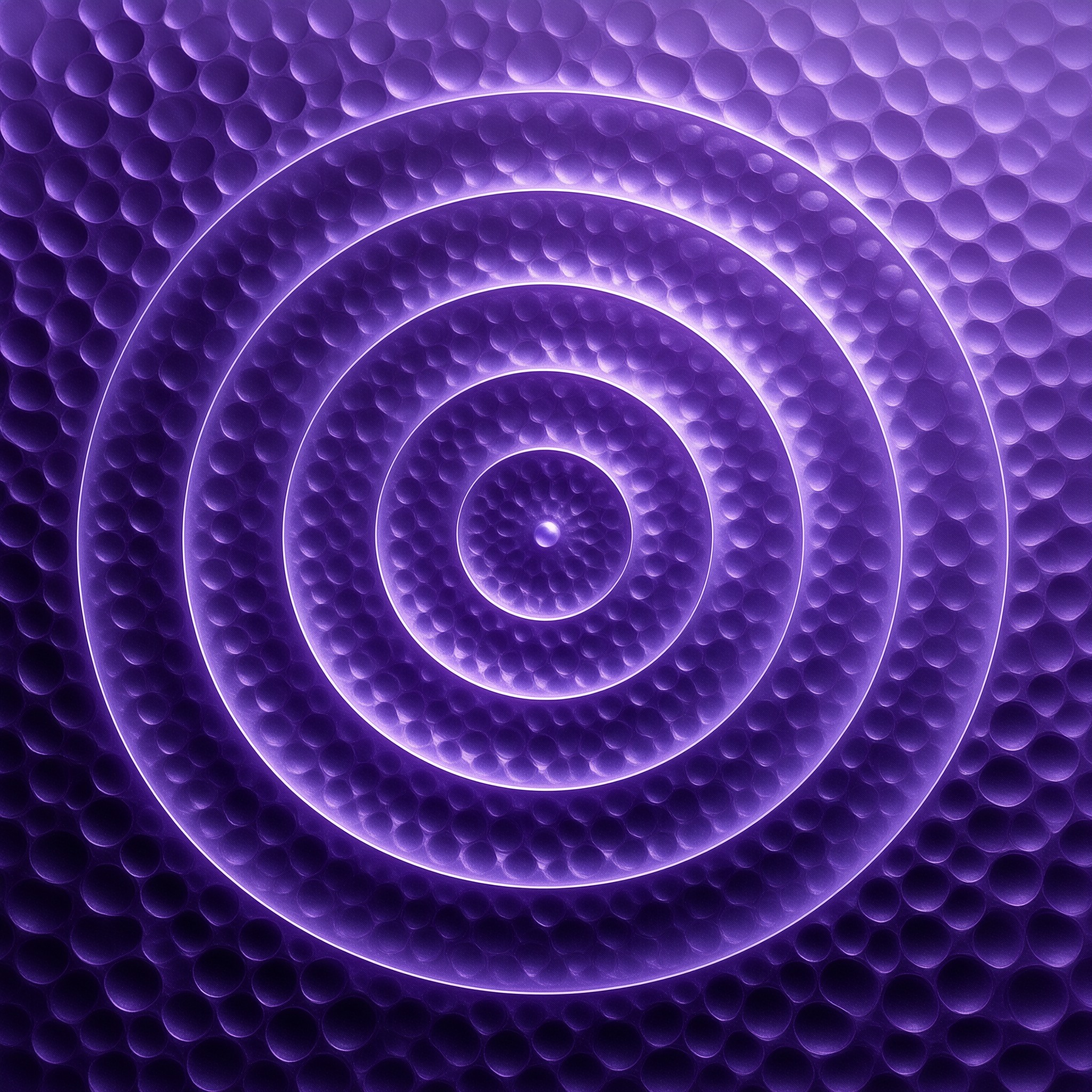 Neon concentric circles of violet light ripple outward across a dimpled honeycomb texture in this abstract render.