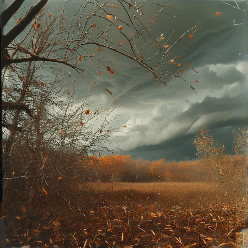 Leafless tree branches frame a field of orange foliage beneath a heavy grey cloud formation.
