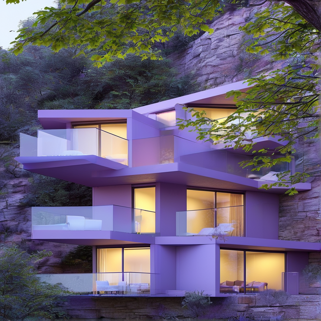 Purple house built into rocky cliff with glowing windows and glass balconies surrounded by green trees