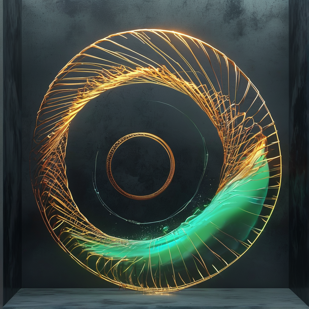 A large circular wire sculpture glows with orange light and green energy inside a dark concrete room.