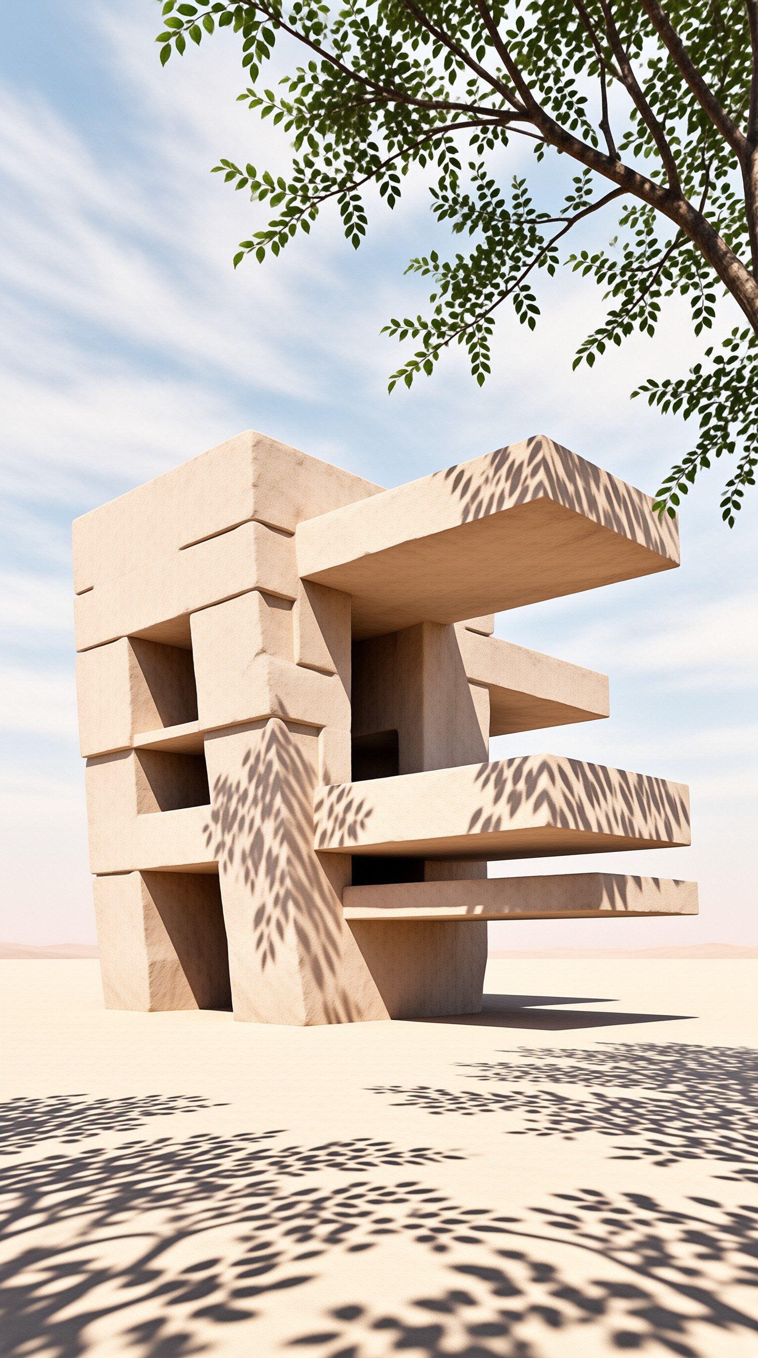 Beige concrete blocks form a geometric structure in a desert, casting sharp shadows from overhead tree branches.