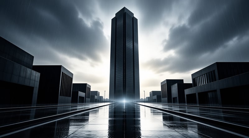 A tall dark structure stands centrally in a rainy cityscape with highly reflective pavement.