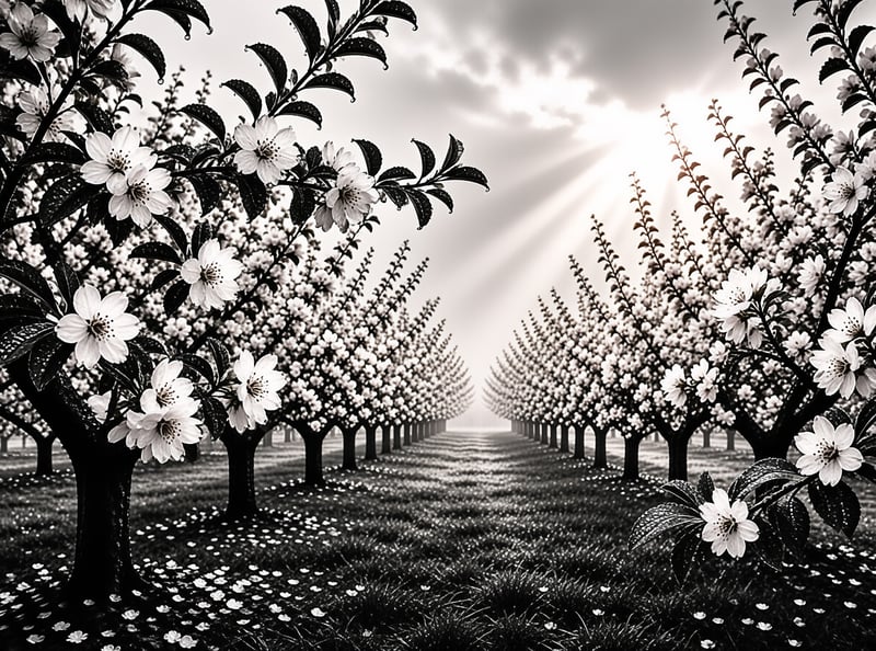 A monochromatic photograph displays rows of flowering trees stretching into the distance with sunlight streaming through clouds above while fallen petals cover the grassy ground between the trunks.