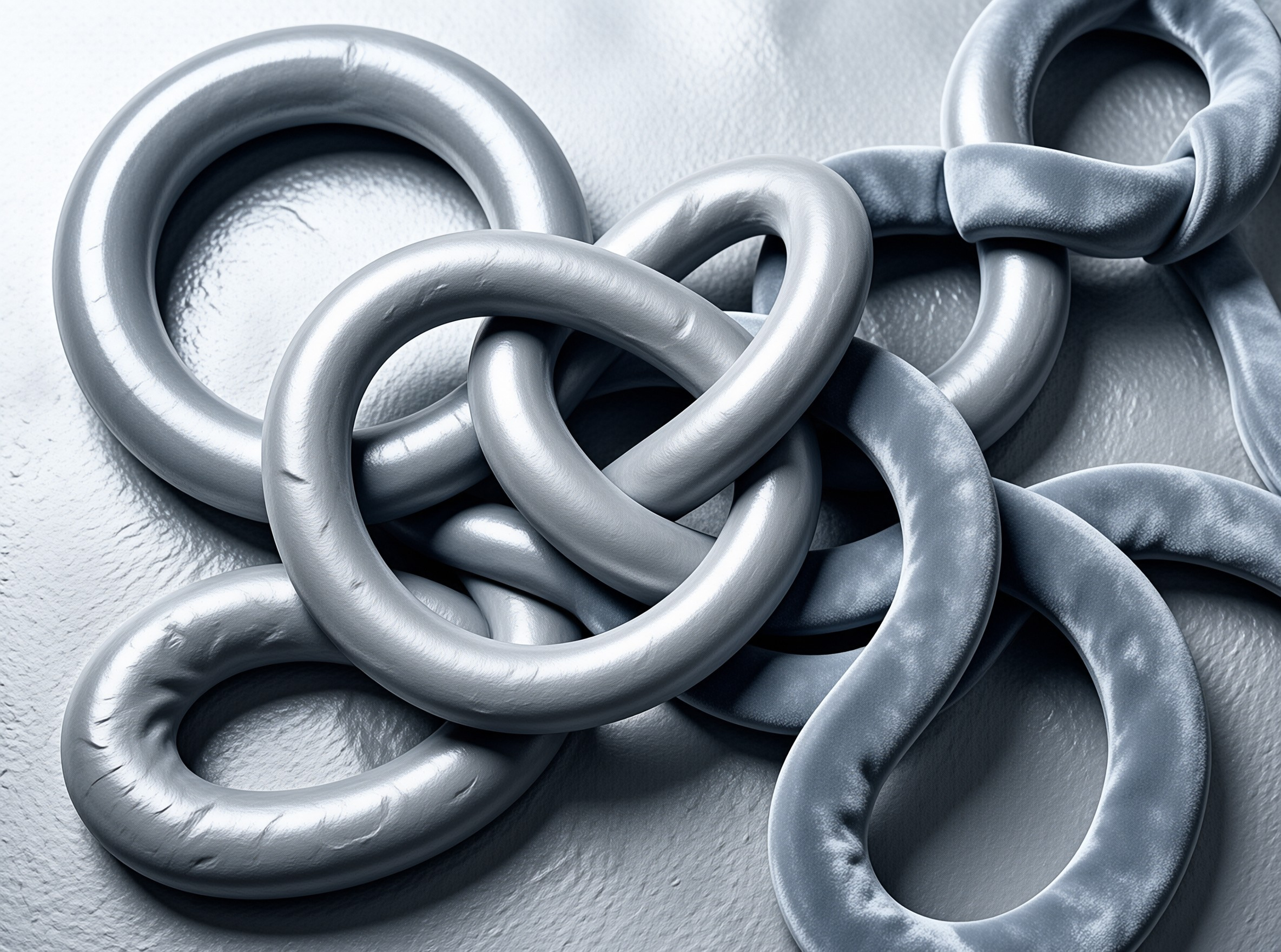 A cluster of glossy silver torus rings intertwined on a pale textured surface, catching soft highlights from overhead light.
