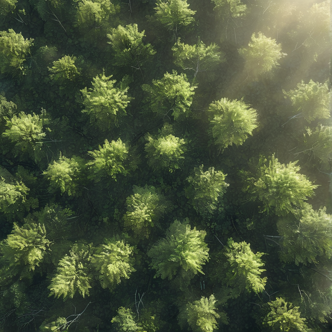 Overhead view of a dense bright green forest canopy, with warm sunbeams pouring from the upper right edge.