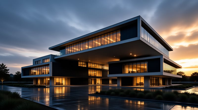 A modern villa with large glowing windows sits under a twilight sky while wet pavement reflects the warm interior lights.