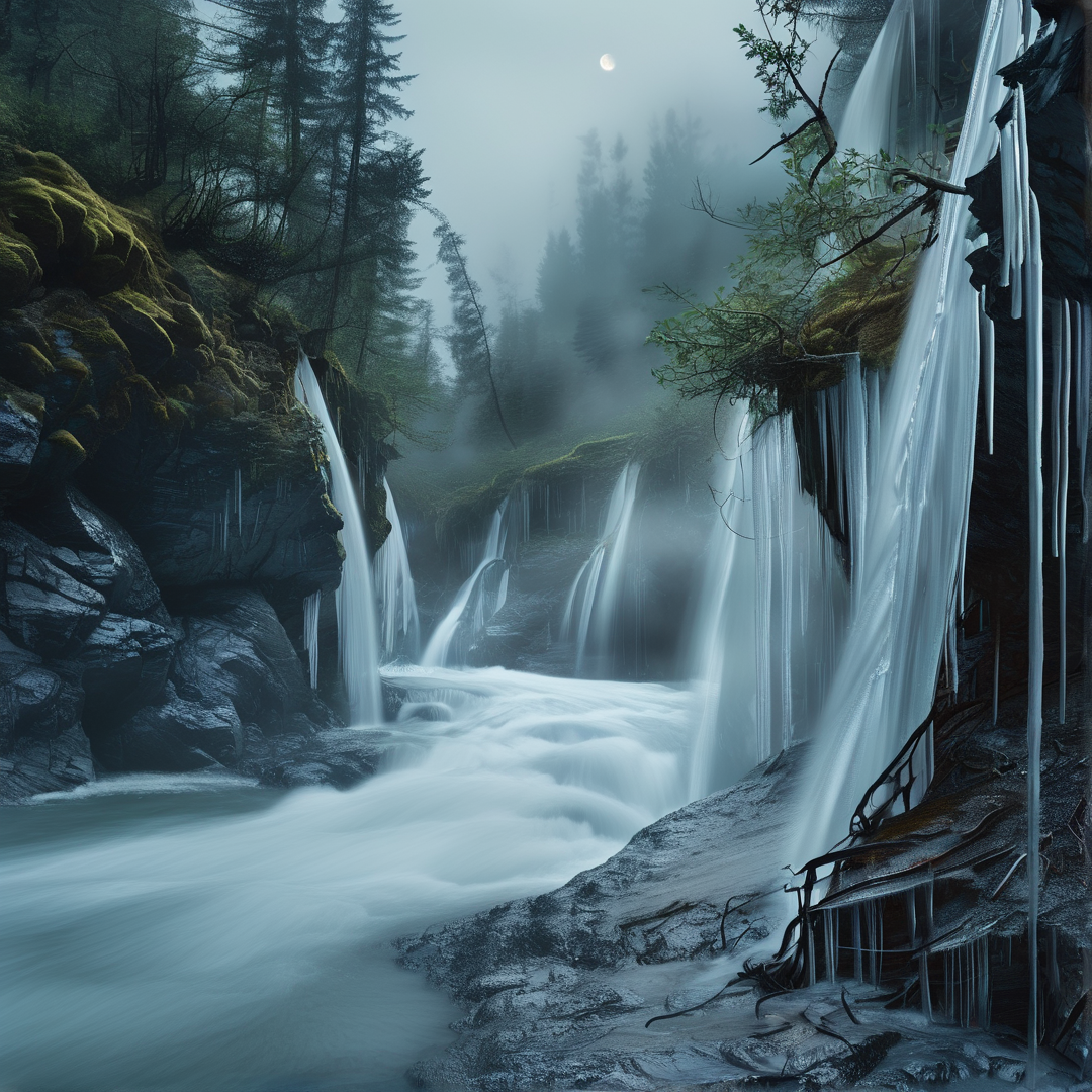 Flowing waterfalls cascade down mossy cliffs into a river surrounded by foggy pine trees under a pale moon.