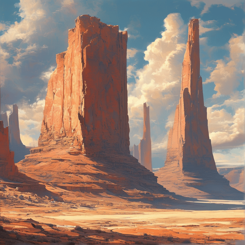 Tall sandstone spires glow warm orange against a bright sky filled with soft white clouds in a painted desert.