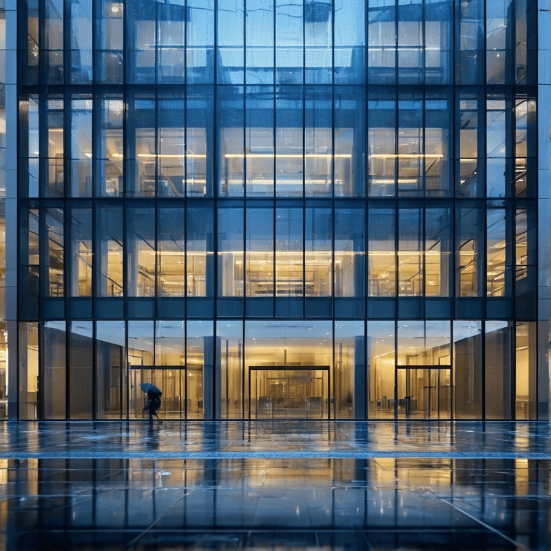A modern glass office building with warm interior lights standing next to wet pavement reflecting the blue evening sky and yellow lights.