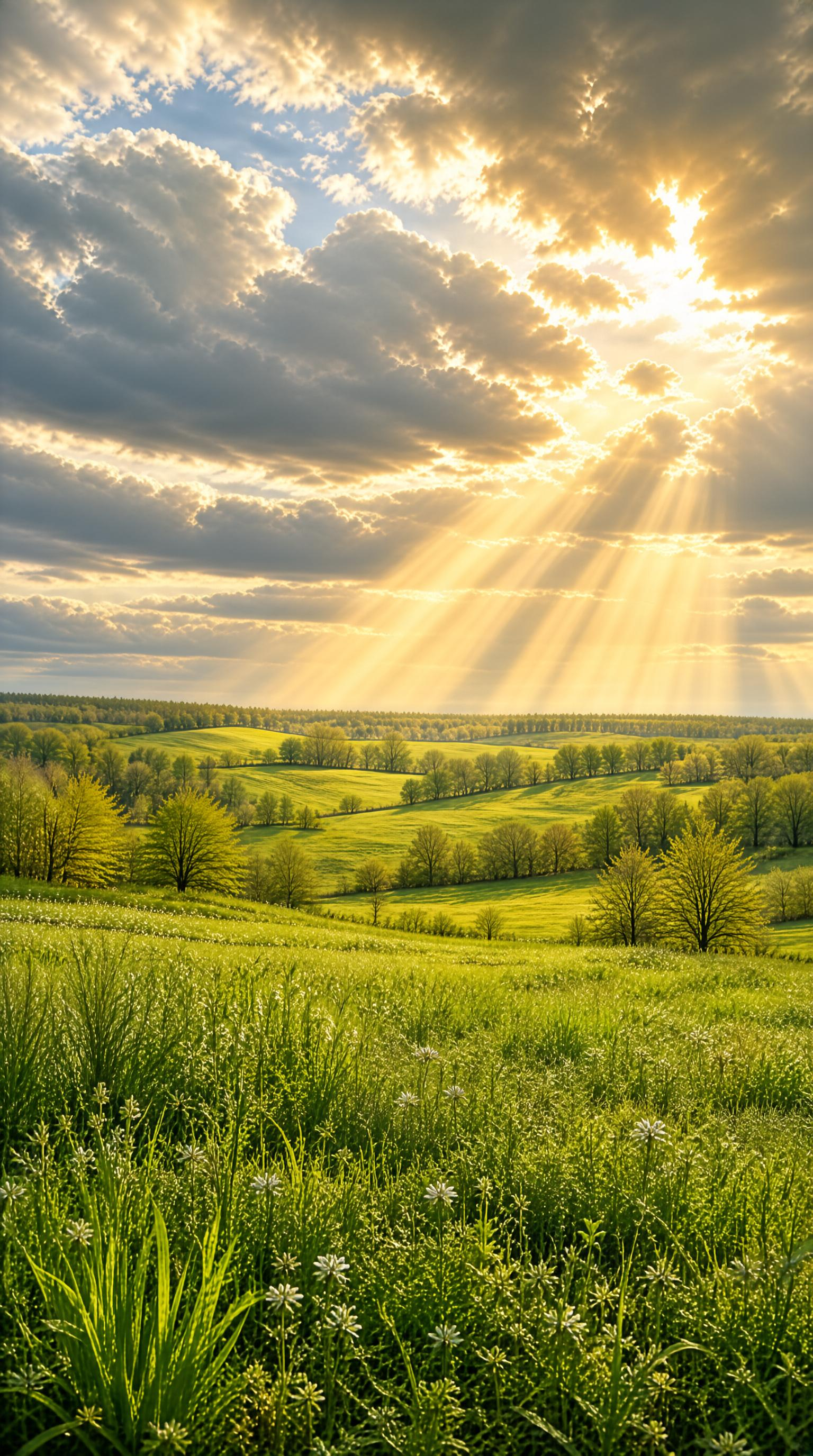 Golden Sunbeams Over Green Meadow